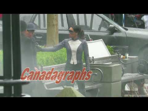 The Flash films a scene for episode 416 with Candice Patton as Iris West-Allen in a Speedster suit.