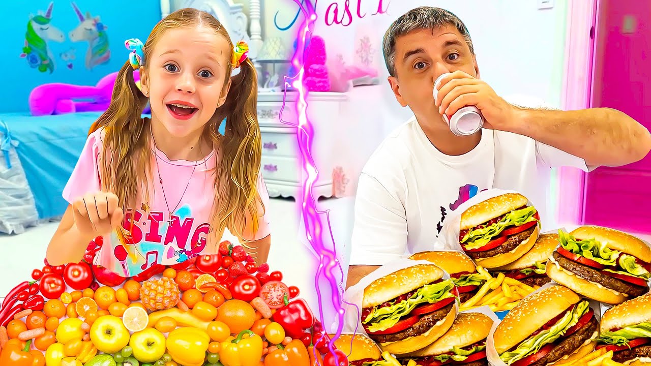 Nastya et papa jouent au dfi des aliments sains   Alimentation saine pour les enfants