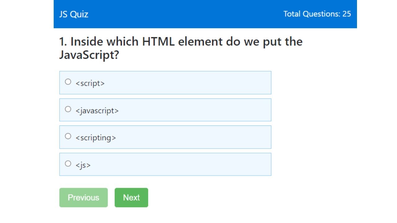 Trang web câu hỏi trắc nghiệm sử dụng HTML, CSS và JavaScript (Nguồn mã): Bạn đang muốn tăng cường kiến thức của mình về HTML, CSS và JavaScript? Hãy khám phá trang web câu hỏi trắc nghiệm sử dụng nguồn mã mới nhất! Với cách tiếp cận thực tế và dễ hiểu, trang web này giúp bạn tự tin hơn khi tiếp cận các dự án phức tạp.