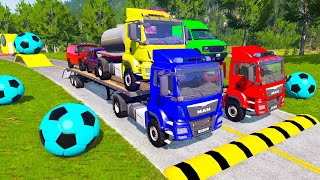 Double Flatbed Trailer Truck vs Speedbumps Train vs Cars | Tractor vs Train Beamng.Drive 049