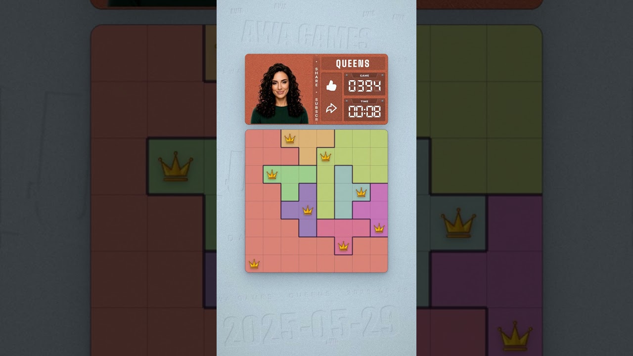 LinkedIn Queens #394 solved board for May 29, 2025, 8x8 grid