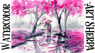 Easy How to Draw and Paint Couple Walking in the Rain Watercolor Line and Wash The Art Sherpa screenshot 1