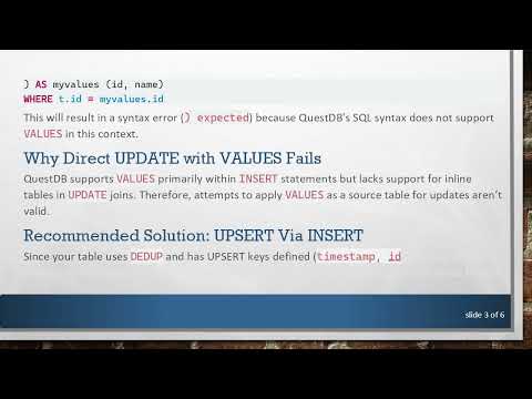 How to Perform an UPDATE in QuestDB Using VALUES Syntax Workaround