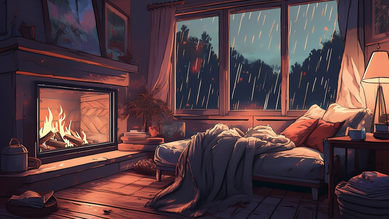 Fireplace Warmth in the Rain | Cozy Lofi for Relax & Sleep