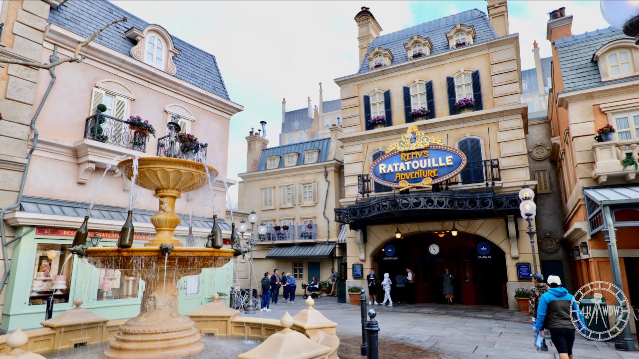 EPCOT Remy's Ratatouille Adventure Area Sights & Sounds in 4K | Walt ...
