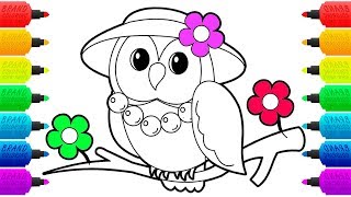 how to draw an Owl Coloring Page for kids | Birds colouring book pages for children