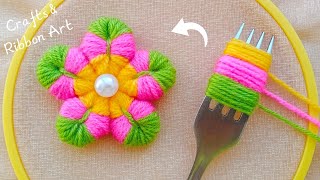 It&#39;s so Beautiful 💖🌟 Super Easy Woolen Flower Making Idea with Fiork - DIY Hand Embroidery Flowers