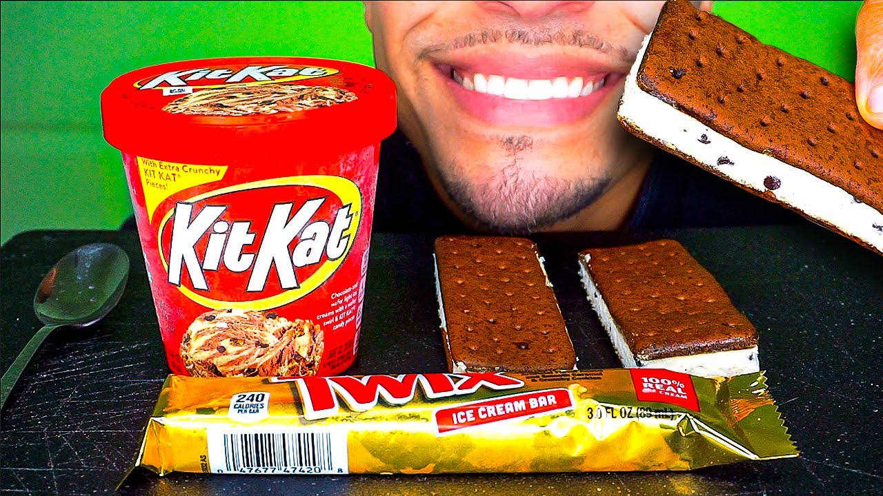 KITKAT TWIX ICE CREAM SANDWICHES COOKIES AND CREME CHOCOLATE CHIP BAR CANDY EATING SOUNDS