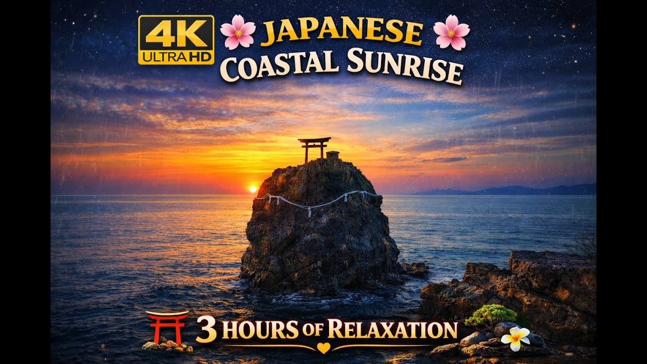 Japanese Coastal Sunrise 🌅 | 3 Hours of Peaceful Ocean & Temple Ambience for Relaxation & Sleep