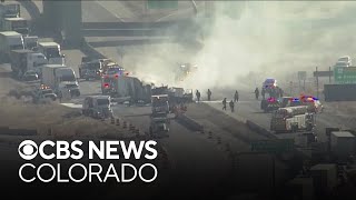 Both directions I-70 closed east of Denver due to semi fire and crash