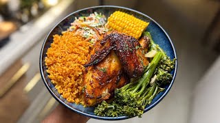 Simple and Tasty Jollof Rice, Baked Chicken, Garlic butter broccoli and Fresh Coleslaw