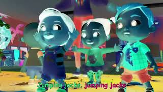 Cocomelon says Let's all do some jumping jacks, jumping jacks, jumping jacks/voice pitch effects 
