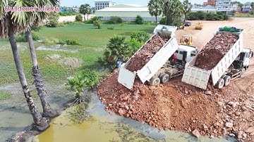 Big Project! Amazing SHACMAN Dump Truck Unloading Rock Stone, Bulldozer KOMATSU D58P Working