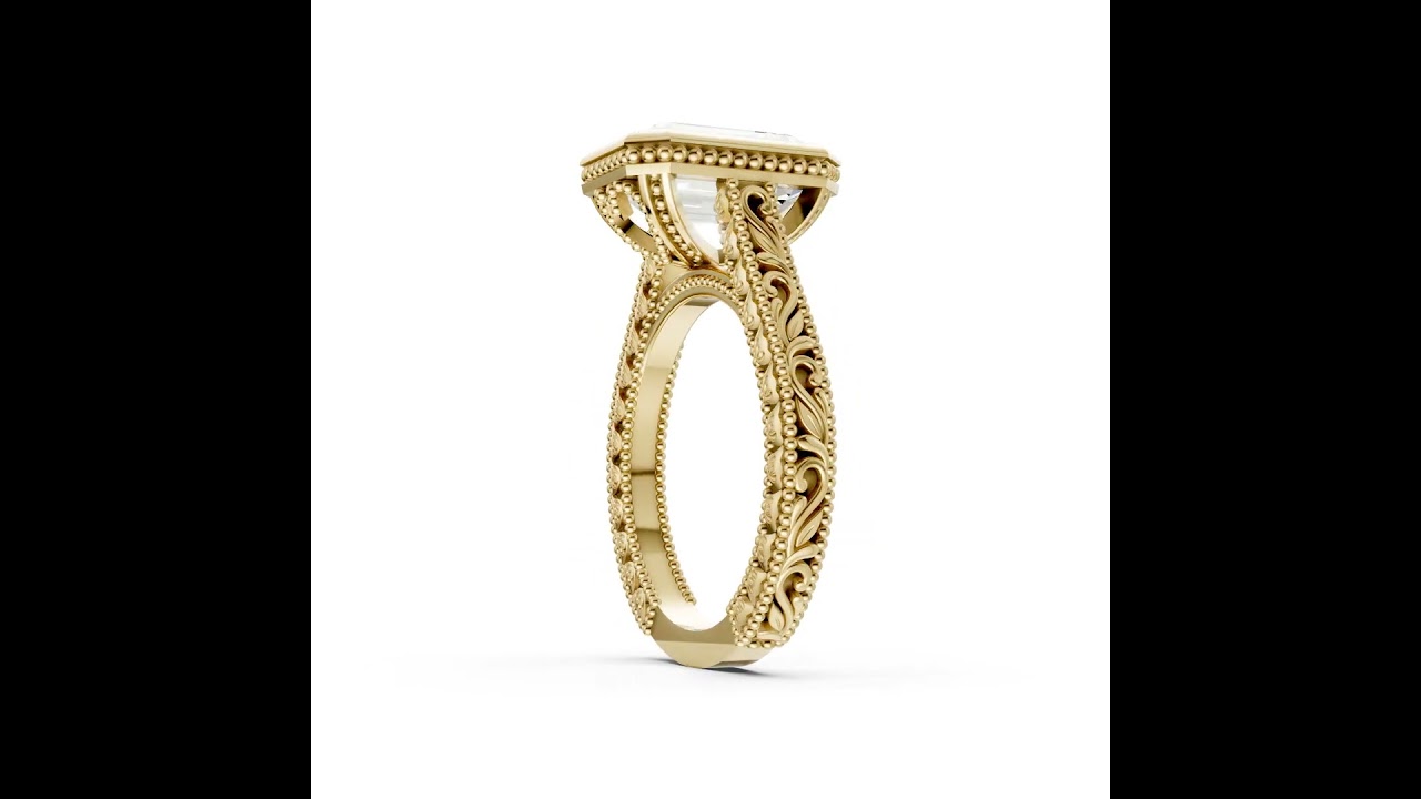 Emerald Cut Bezel Set Filigree Engagement Ring