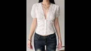 Honet - Short Sleeve V-Neck Plain Lace Slim-Fit Crop Shirt1133598396 #yesstyle