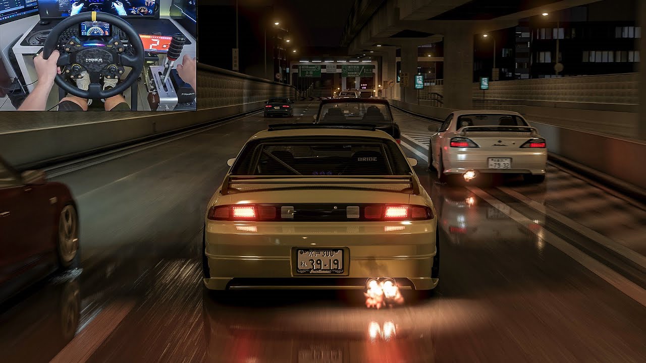 car, Japanese cars, Nissan Silvia S15, Liberty Walk, drift, Touge, Assetto  Corsa, side view, reflection, smoke, motion blur