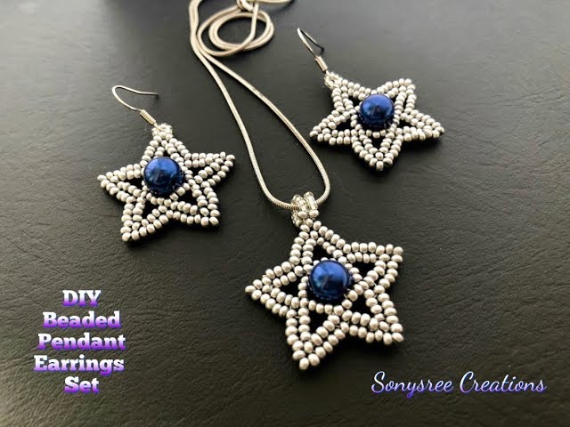Silver Stars Set. Beaded Pendant Earrings Set.How to make beaded earrings & pendant