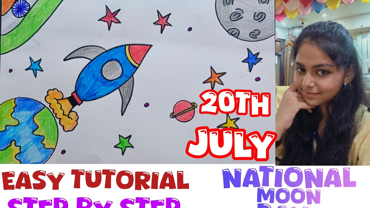 National Moon Day Poster Drawing Easy / Chandra Dinam Drawing / International Moon Day Drawing
