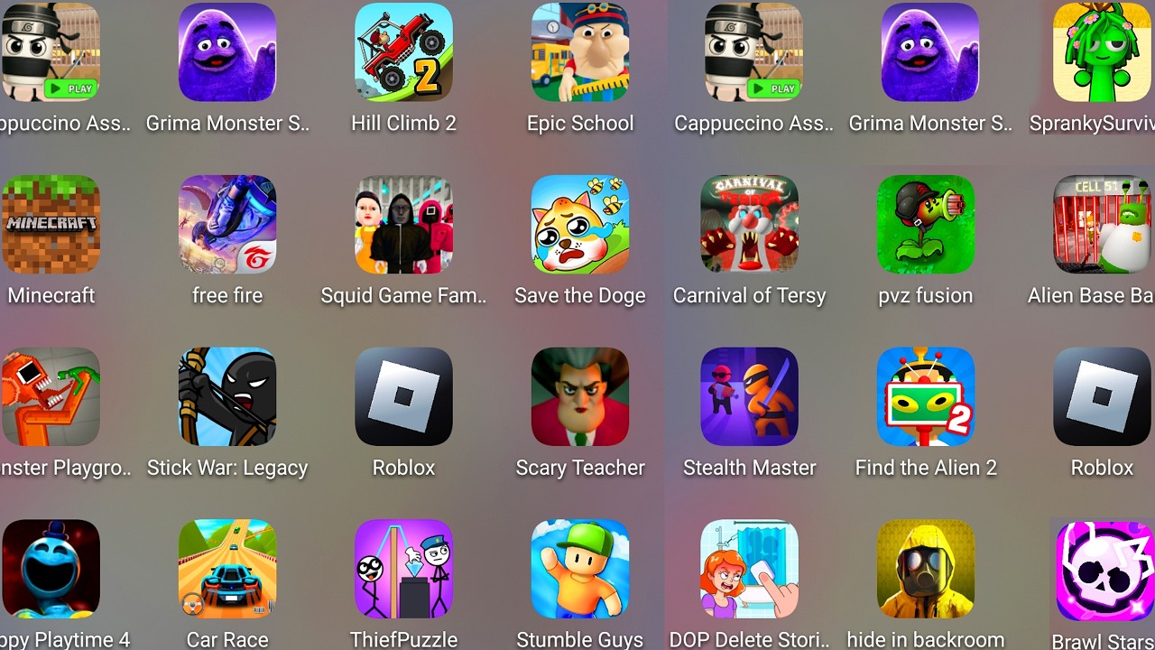 Roblox,Squid Game Family,Barry Alien Base,Poppy Playtime Chapter 4,Epic School Escape,Stumble Guys..