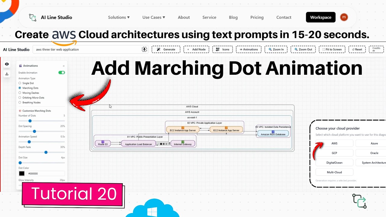 Moving dashes animation on AWS diagrams tutorial showing animated connection lines in AI Line Studio