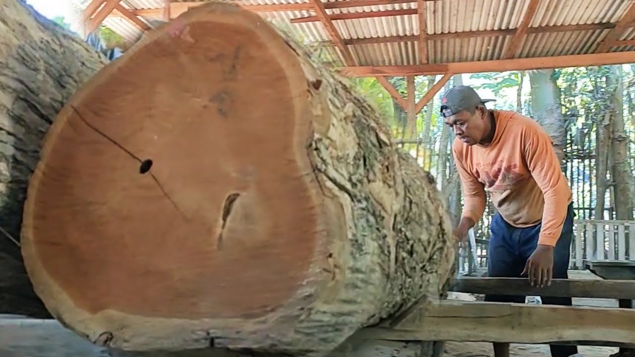 sawing old teak wood full of beautiful grain on a saw into 8×15 super ...