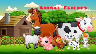 Cute farm animals: goat, chicken, bull, cow, cat, turtle, elephant, horse - animal sounds