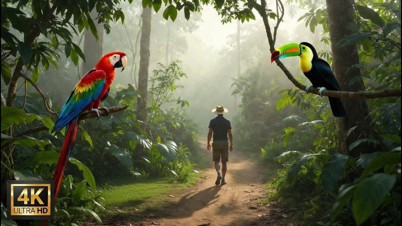 Relaxing Walk Along The Trails Of The Wild Amazon. Scarlet Macaw, Toucan, Jaguar. | 4K ULTRA HD