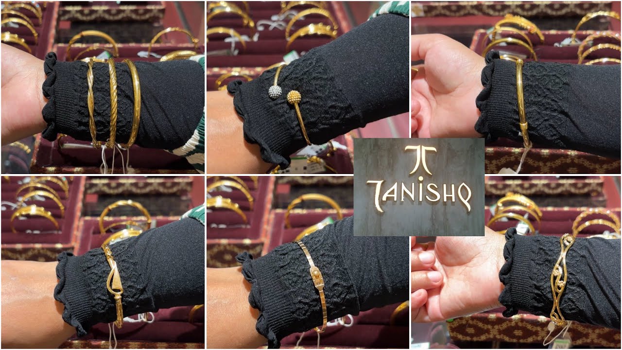 Легкие золотые браслеты-када Tanishq с указанием цены и веса (от 7 до 19 грамм).