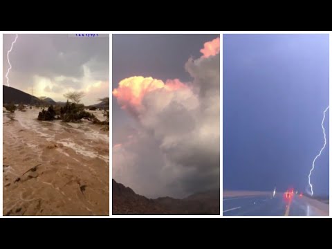 سحابة المدينة المنورة اليوم وبروقها وأمطار ها والسيول على الوديان تجري مناظر رائعة تسر الناظرين