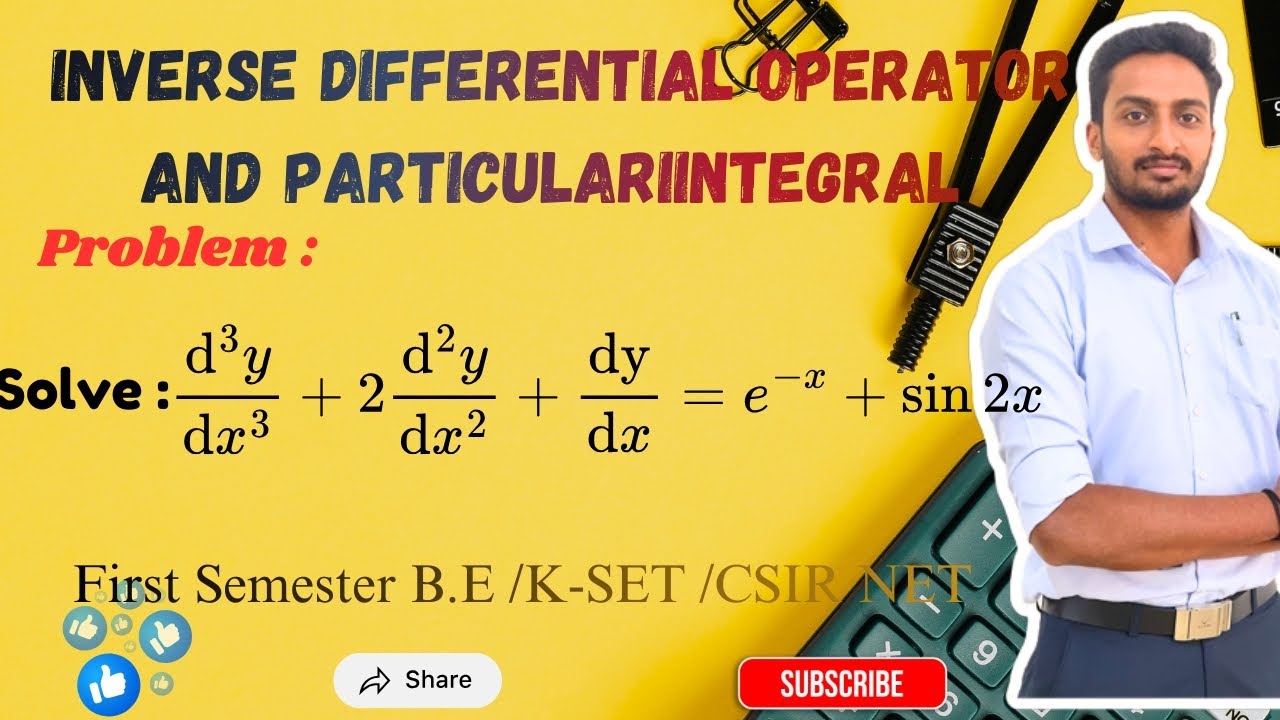 Inverse Differential operator & Particular Integral, d^3y/dx^3+2d^2y/dx^2+dy/dx=e^-x+sin2x.