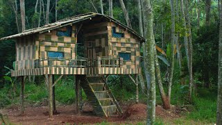 Building Bamboo Houses in Forest During Heavy Rain Comfortable, Safe Camping Experience in the Rain