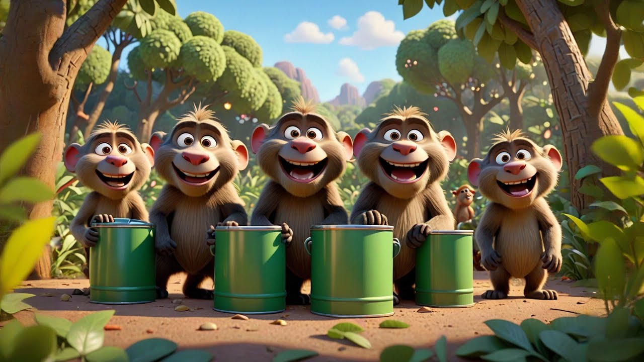 Five Little Baboons Drum on Cans | Jungle Beat Song for Kids | Nursery Rhymes and Baby Songs