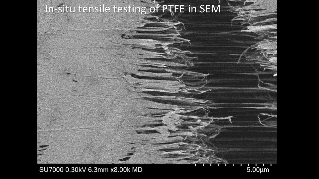 [Materials] In-situ tensile testing of PTFE in SEM - YouTube