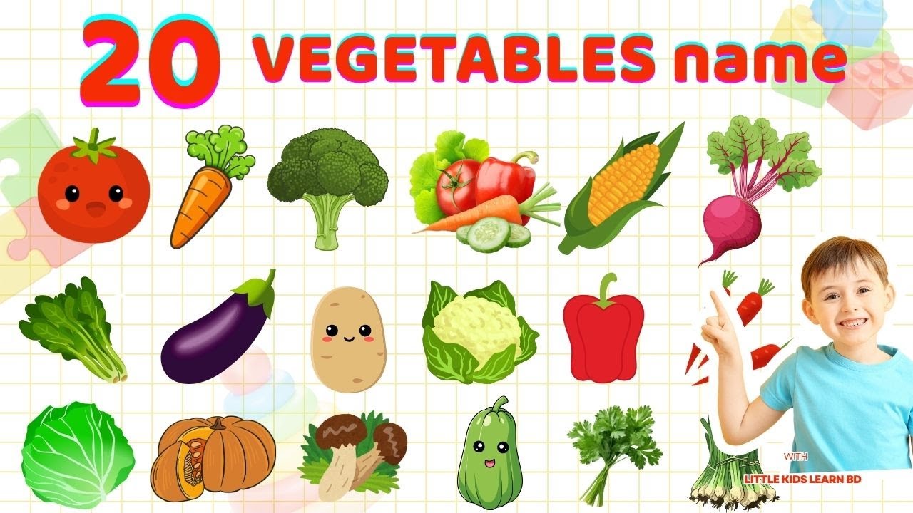 ২০টি সবজির নাম শিখ | Learn 20 Vegetables Names for Kids English Vocabulary Preschool Kindergarten
