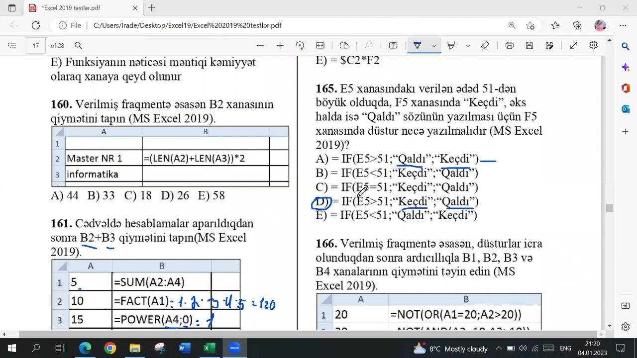 MS Excel 2019 - test izahı