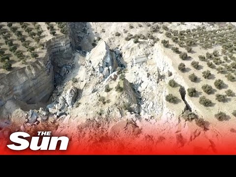 Drone footage shows olive field split in HALF by huge fault line after Southern Turkey earthquakes