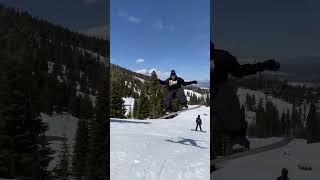 Snowboarder grinds rail then does backflip and crashes into kid standing in landing zone