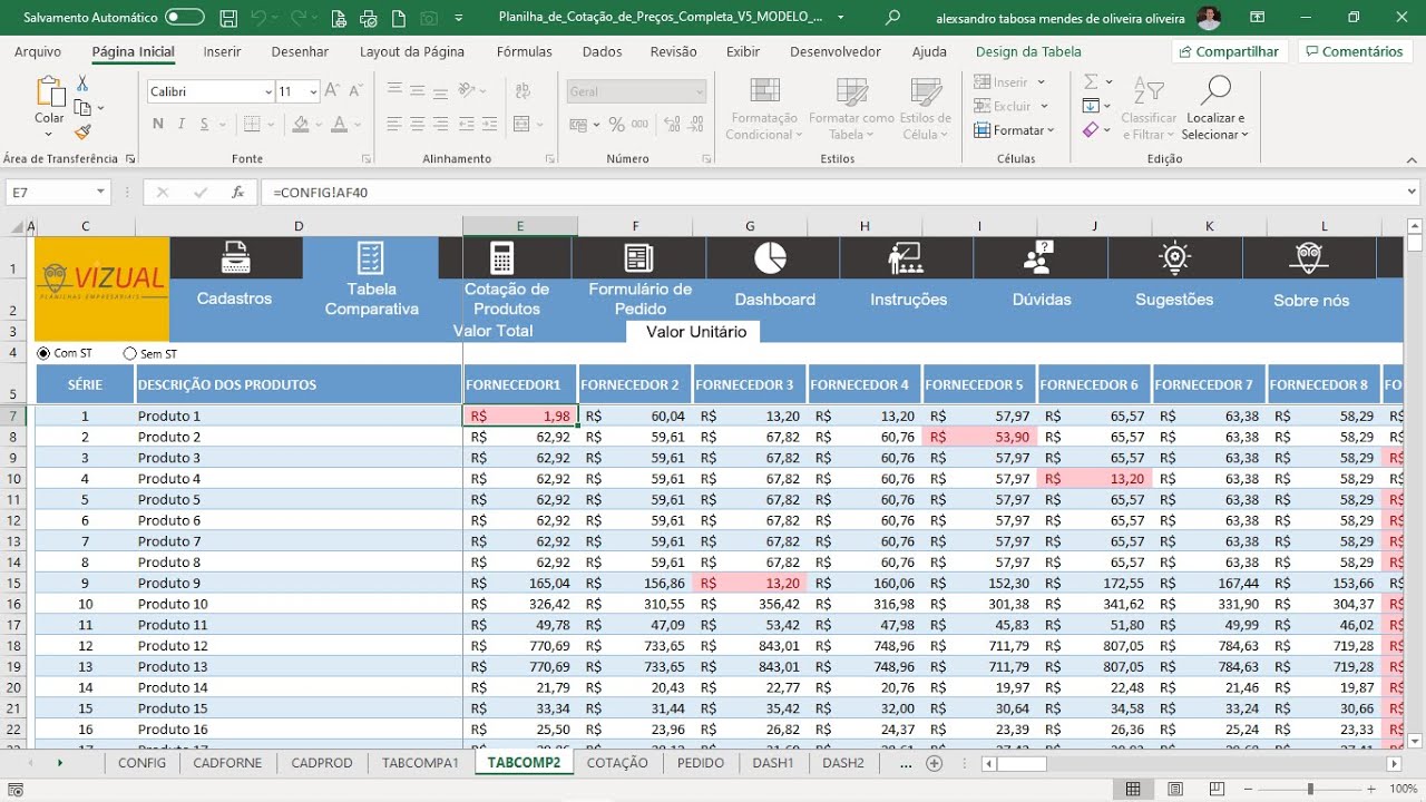 Planilha de Cotação de Preços Completa - Tabela comparativa