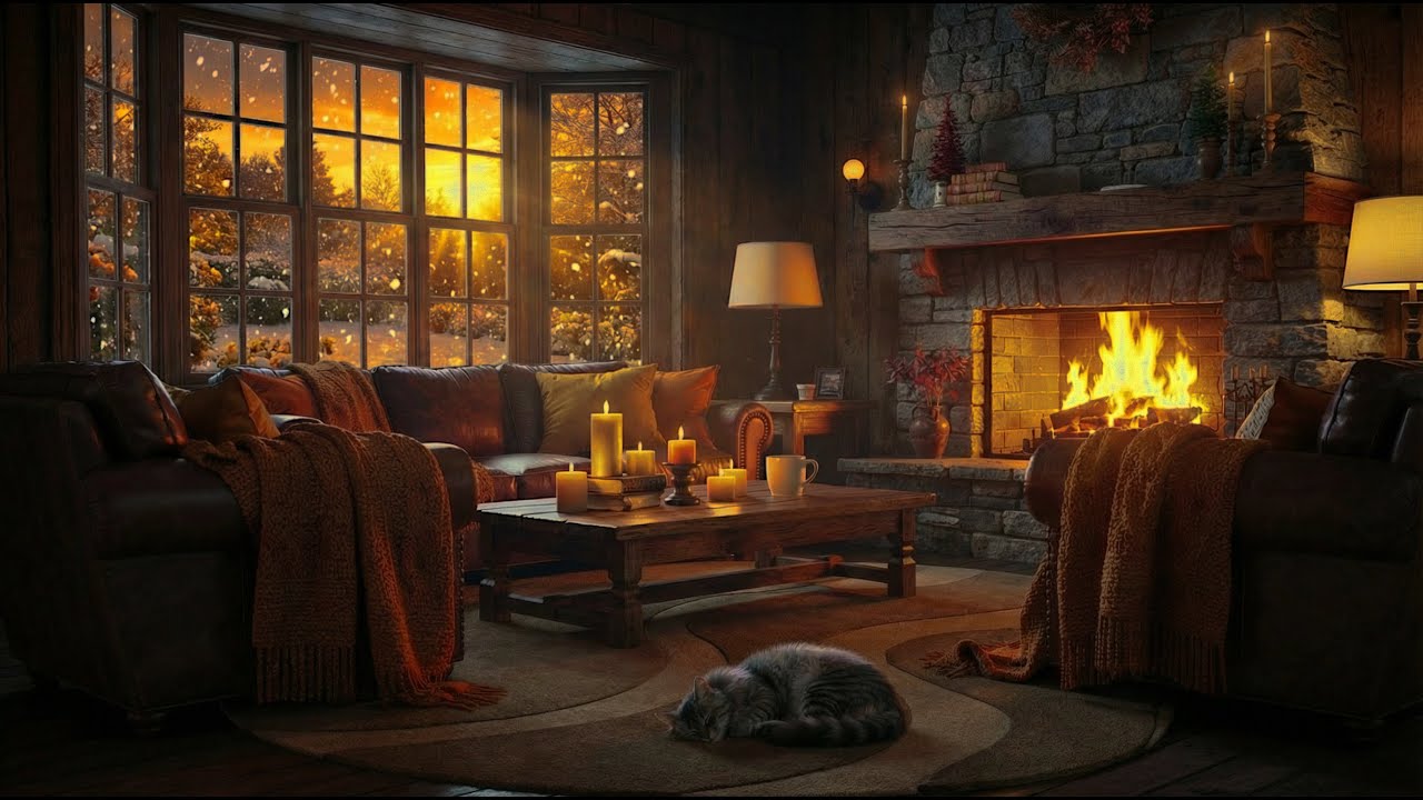 Cozy Cabin Fireplace & Soft Jazz Lounge → 4 Hours Relaxing Ambience for Chill | Warm Winter Vibes