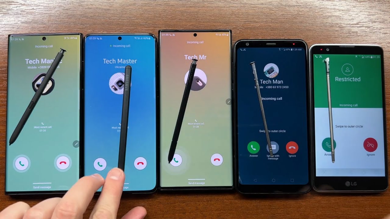 3 Samsung + 2 LG Phones Incoming Call with 5 Styluses