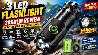 🔦 3 LED Flashlight 2000LM Review | USB-C Rechargeable 18350 Torch 💡 Strong Magnet & Metal Body