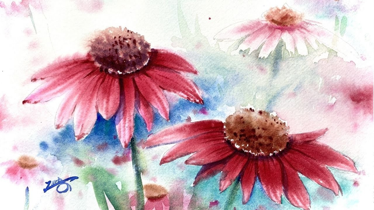 Loose Watercolor Painting Cone Flowers Tutorial for Beginner Step
