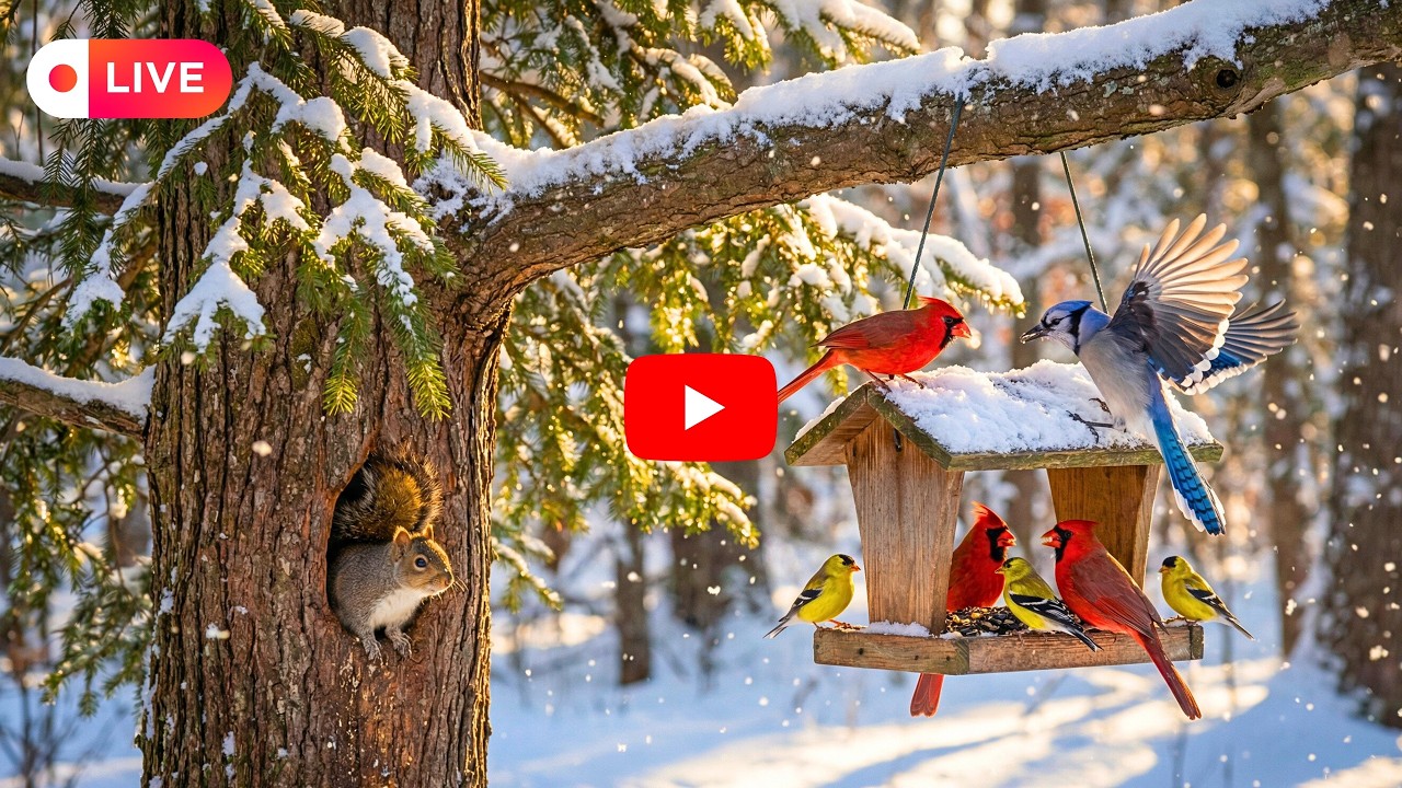 🔴 24/7 Winter Cabin Feeder Cam ❄️ Bright Red Cardinals & Snow Birds | Cat TV