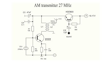 AM transmitter at 27 MHz on a transistor 2222. Output power 300 mW