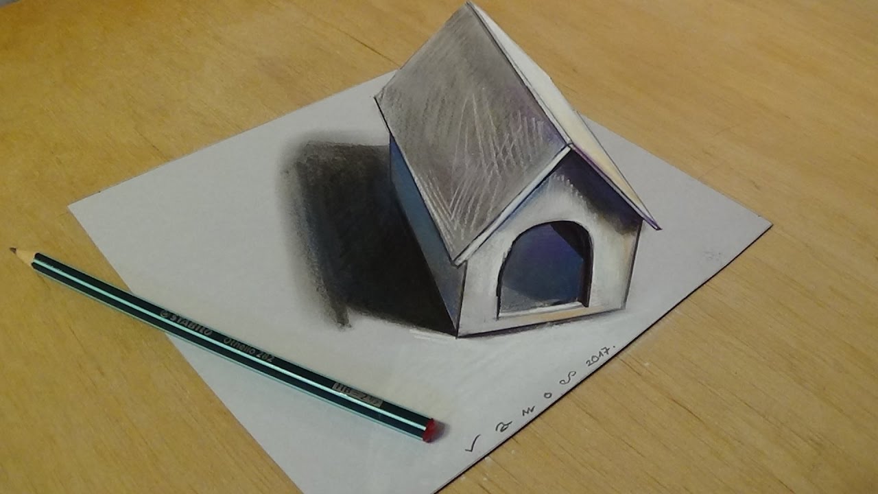 3D Art for Kids -Trick Art Drawing 3D Tiny Dog House on Paper