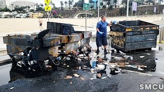 Charred Cleanup: Santa Monica Beach Grapples with Aftermath of Three Trash Bins Set Ablaze