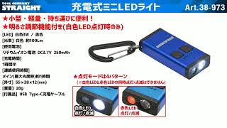 【整備工具のストレート】 小型・軽量・持ち運びに便利な”充電式ミニLEDライト 38-973”