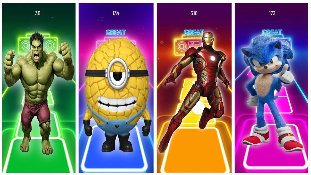 Hulk - Minions - Iron Man - Sonic - Tiles Hop EDM Rush