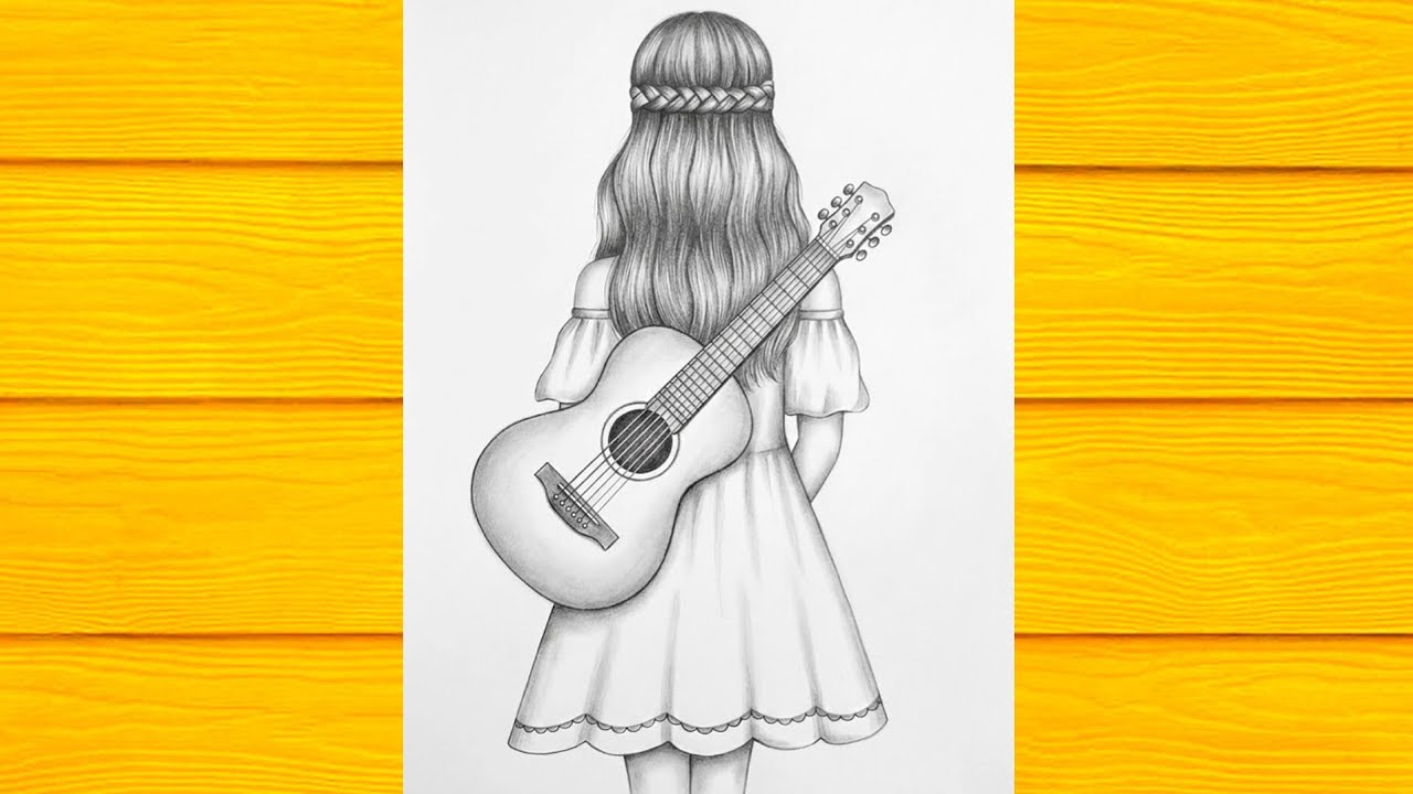How to draw a with guitar from back | Easy pencil sketch for