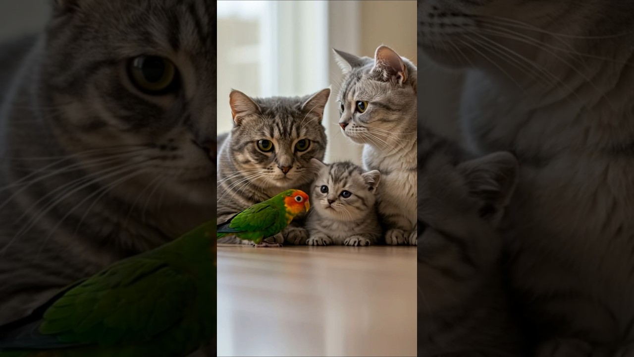"Let's play together!" A surprise visitor for a peaceful cat family!  Family's smile